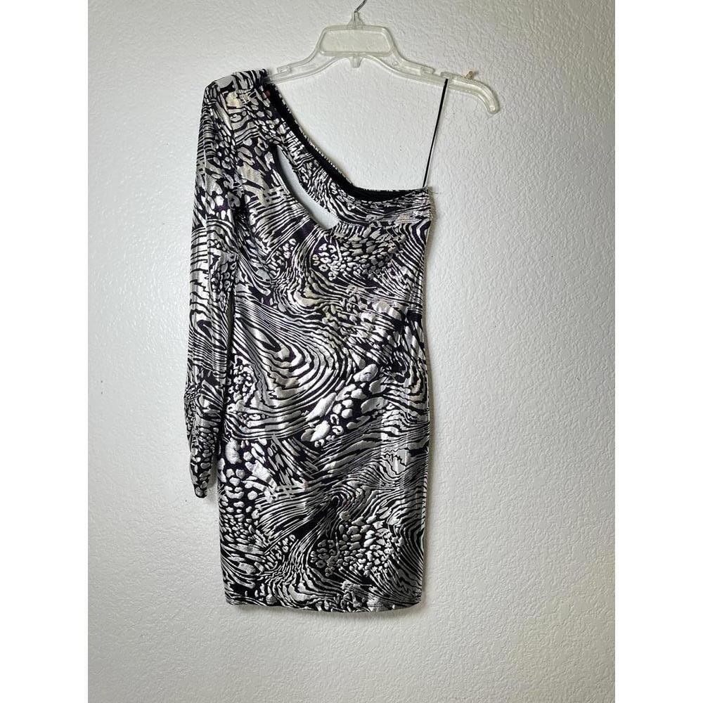 Women’s Sz S Arden B One Shoulder Metallic Silver Black Mini Dress Party Club